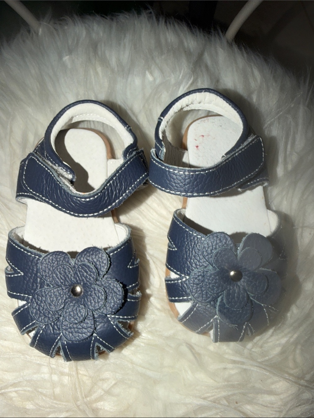 Kids Navy Blue Floral Leather Sandals